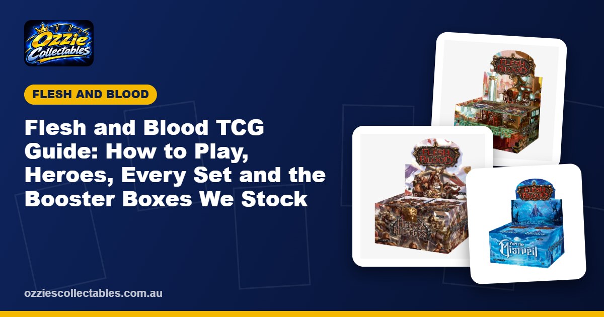 Flesh and Blood TCG booster boxes including Bright Lights, Heavy Hitters, Part the Mistveil and Super Slam