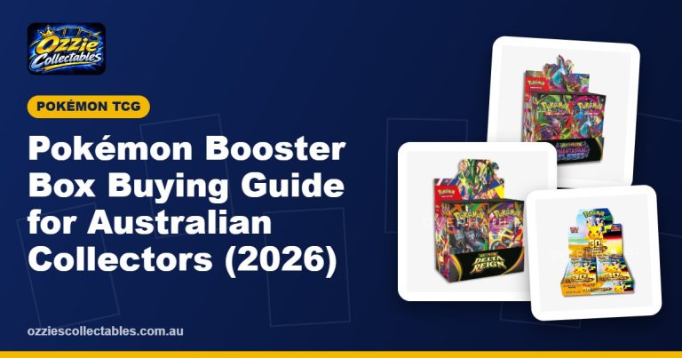 English and Japanese Pokémon booster box displays from the Mega Evolution series